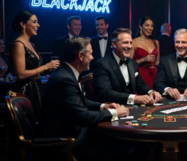Ambiance immersive de soirée casino avec éclairage nightlife et invités concentrés