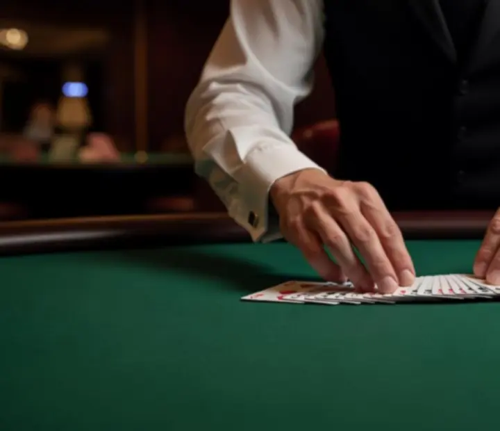 Croupier événementiel gérant une table de poker élégante pour une soirée casino