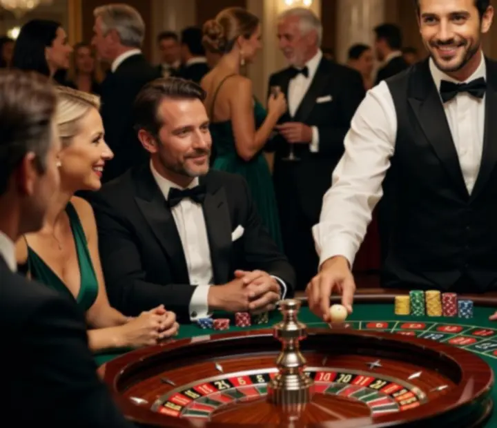 Croupier francophone animant une table de Roulette avec des invités souriants