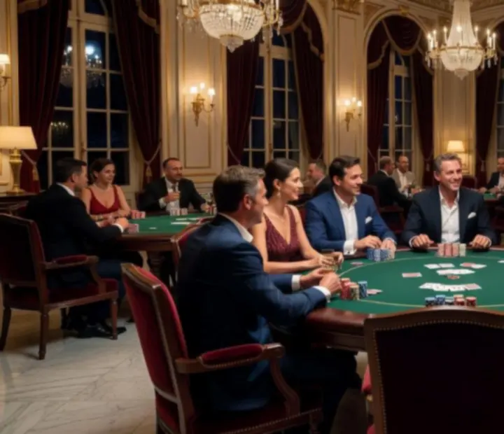 Salle élégante préparée pour une soirée poker événementielle avec tables illuminées