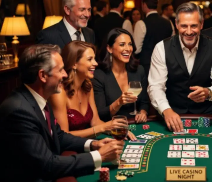 Vue d’ensemble d’une soirée casino avec invités, tables de jeu et éclairages colorés