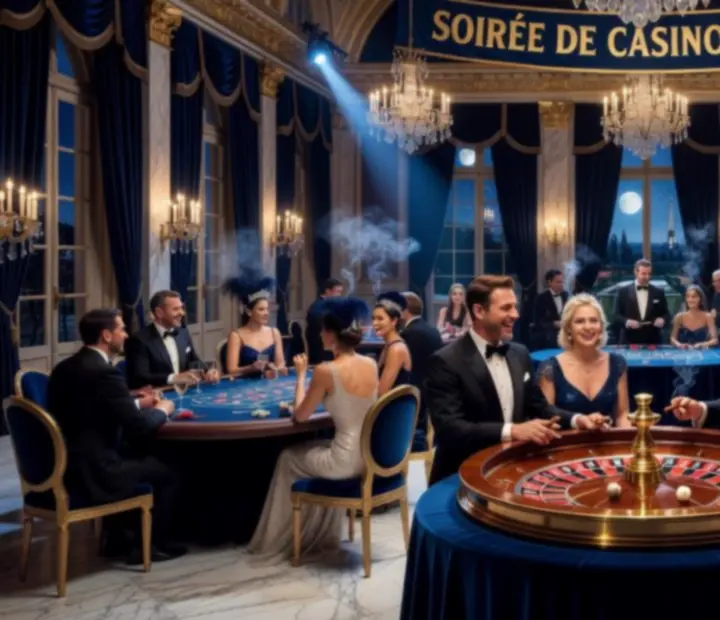 Table de soirée casino élégante avec invités en tenue de soirée