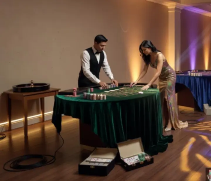 Salon privé transformé en casino éphémère avec tables de jeu et éclairages dramatiques