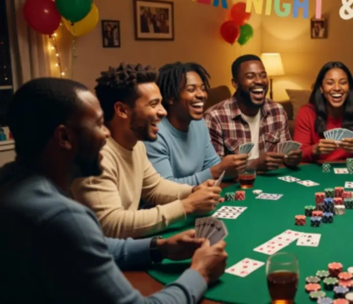Groupe d'amis souriants réunis autour d'une table de poker lors d'une soirée privée