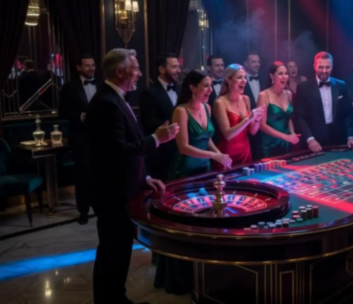 Table de Roulette entourée de lumières néon et d'une scénographie de casino nocturne