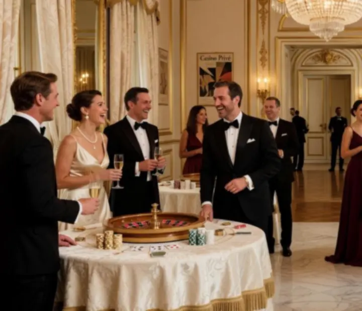 Montage visuel de plusieurs soirées casino avec invités, tables de jeux et décors lumineux