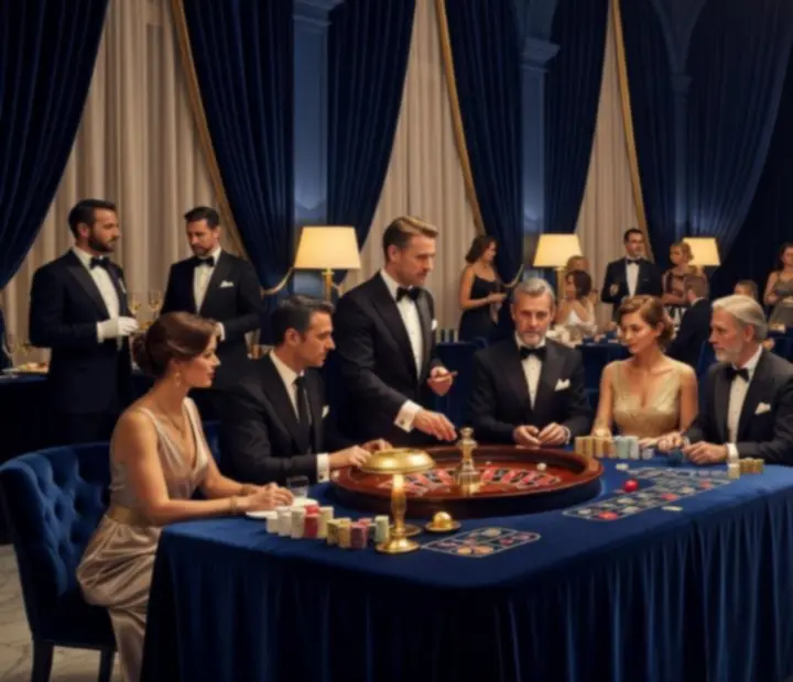 Vue d’une soirée casino élégante avec tables de jeux et invités en tenue de soirée