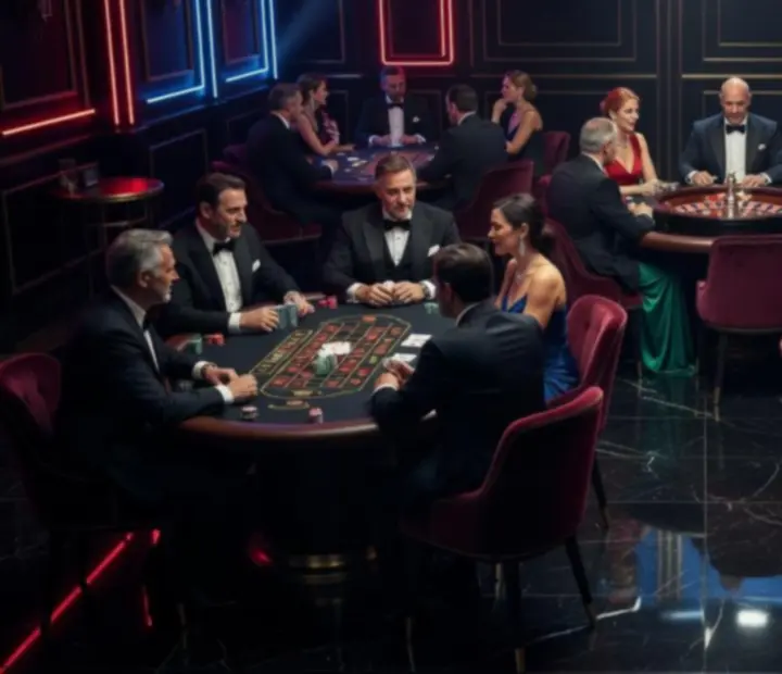 Ambiance néon chic dans une salle de soirée casino VIP