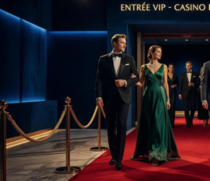Vue cinématographique d'une soirée casino VIP avec tables de jeu élégantes